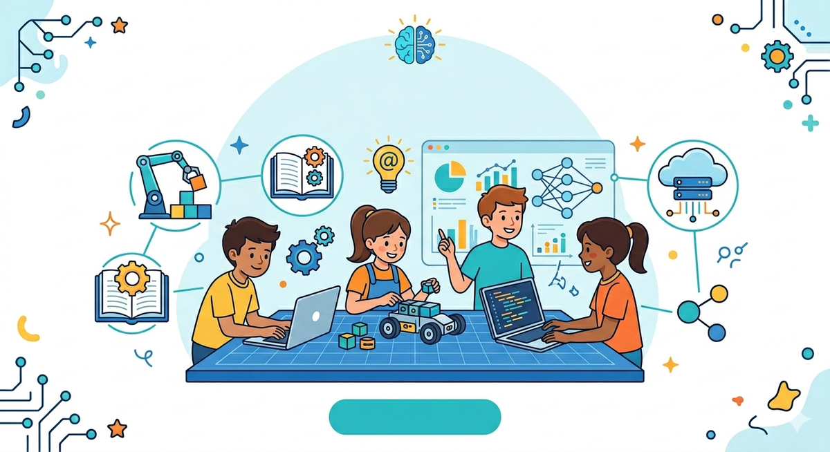 Students collaborating on laptops, robotics, and AI concepts in a summer camp setting